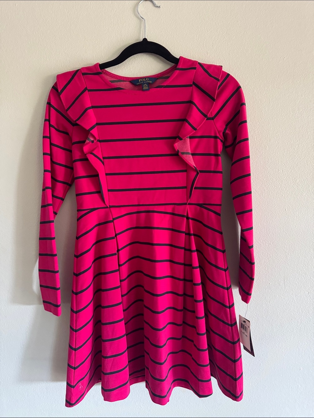Girls Polo by Ralph Lauren Hot Pink and Navy Striped Long-Sleeve Dress